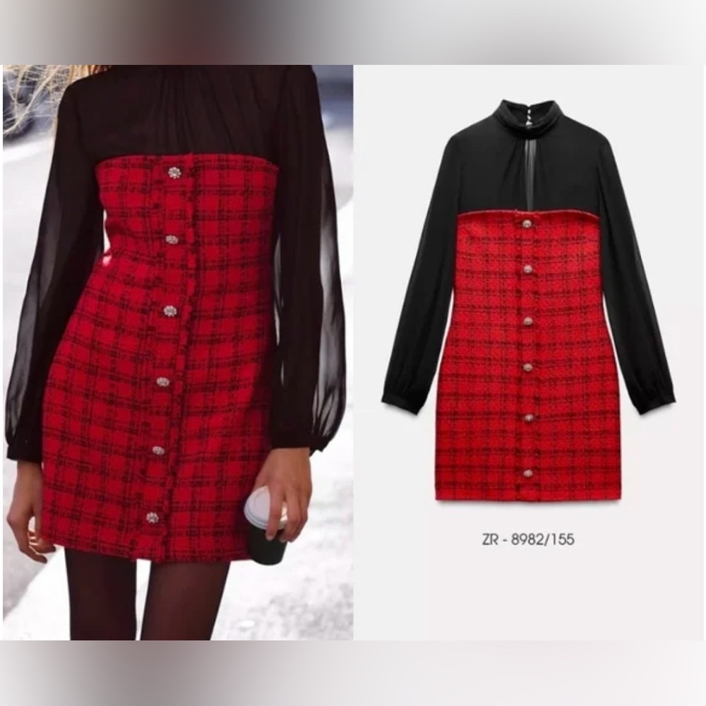 Zara Red Fitted Textured Tweed Dress